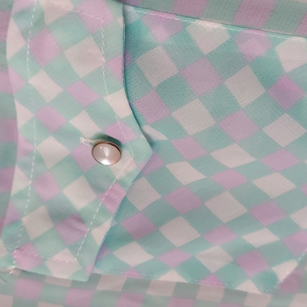 About A Girl Los Angeles Aqua & Lavender Check Blouse Size Medium Pearl Buttons - Picture 3 of 8